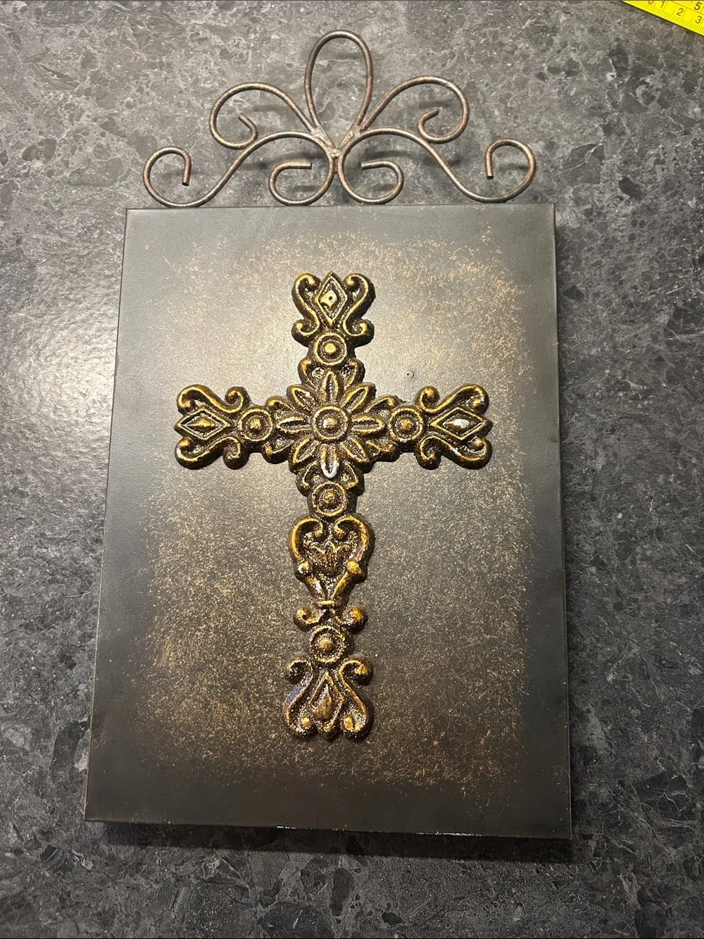 Decorative Wall Cross Plaque in Black and Gold